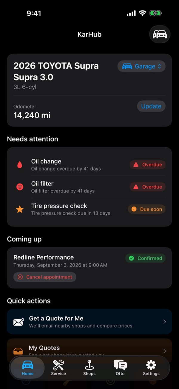 The KarHub home screen: the car's odometer, an overdue oil change, and an upcoming confirmed appointment