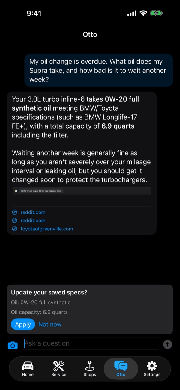 Otto answering which oil a 2026 Supra takes, with the web sources it used